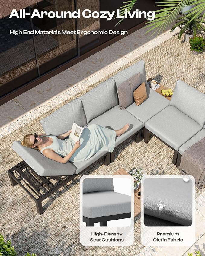 Aluminum Modular Outdoor Patio Furniture Set, 6 Seats Patio Sectional Sofa Set with Adjustable Backrest & Thick Cushions, All-Weather Conversation Sets with Table for Garden & Yard, Gray