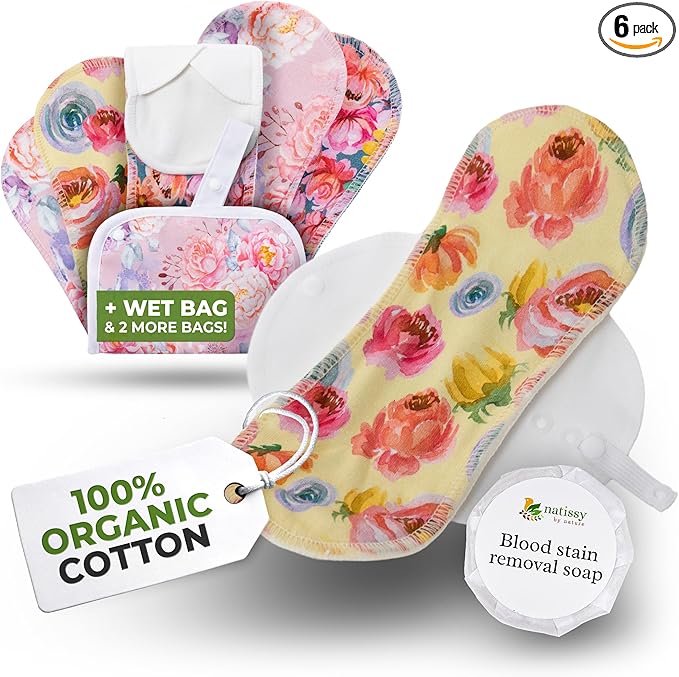 Organic Cotton EcoComfort Reusable Period Pads for Light Flow (S+M, 6-Pack); High-Temp Washable Cloth for Women & Teens; Non-Irritating, Soft Reusable Menstrual for Comfortable Period Care