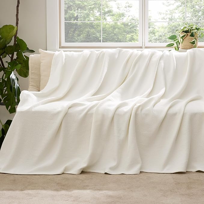 Bedsure 100% Cotton Blanket Twin XL Size for Bed - Breathable and Lightweight, Soft Cozy Textured Herringbone Woven Blanket for Summer Spring, Ivory, 66x90 inches