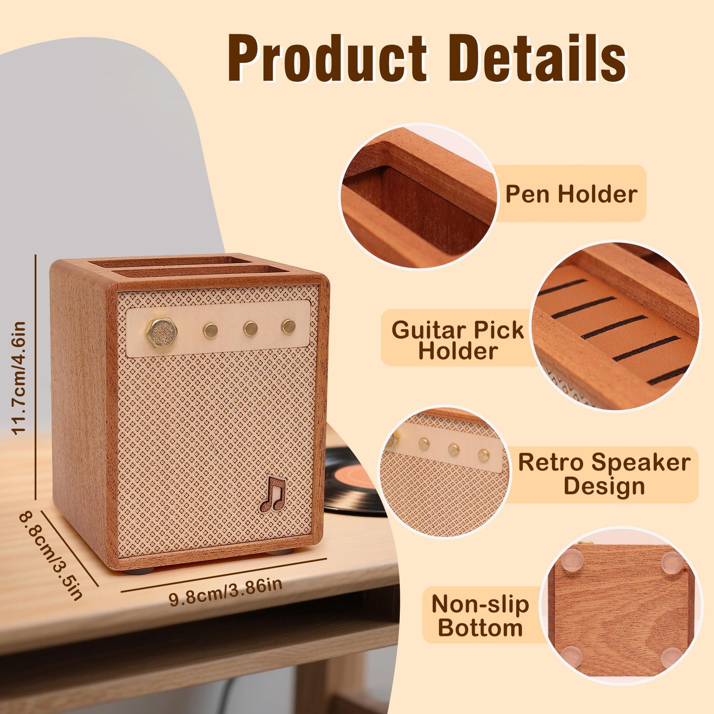 CoolGift Mart Guitar Accessories, Sapele Wood Amp Styled Guitar Pick Holder with Pen Storage, Desk Organizer Gift for Guitarists for Picks and Pens Storage
