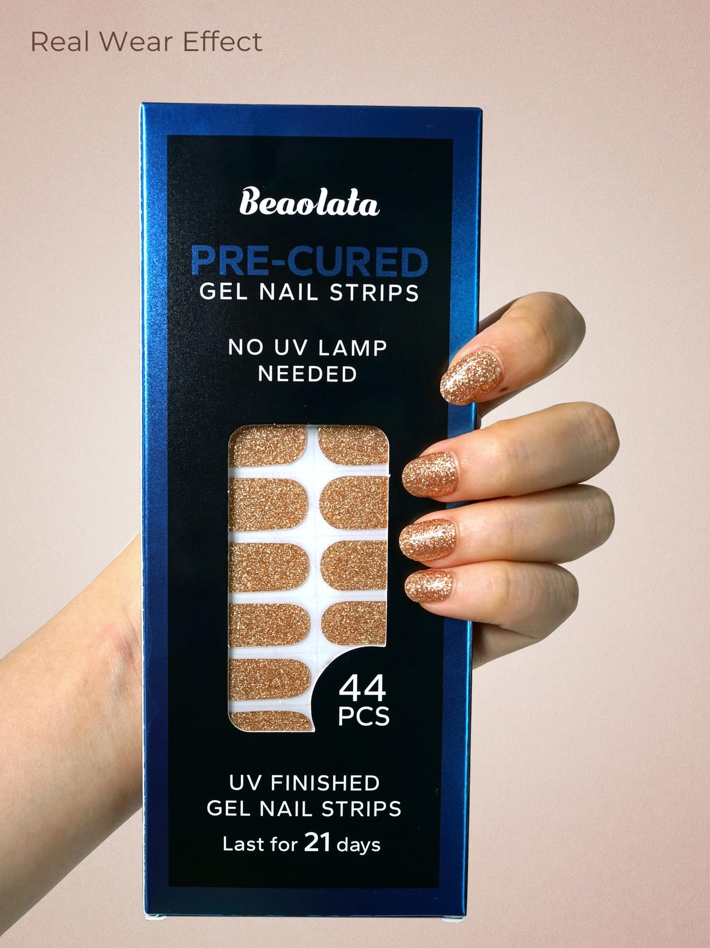 Beaolata Real Gel Nail Strips (No UV Light Needed) - 44Pcs Salon Quality Nail Stickers - Long Lasting Polish Wraps for Women, Easy Apply & Remove (Gilded Desire Gold)