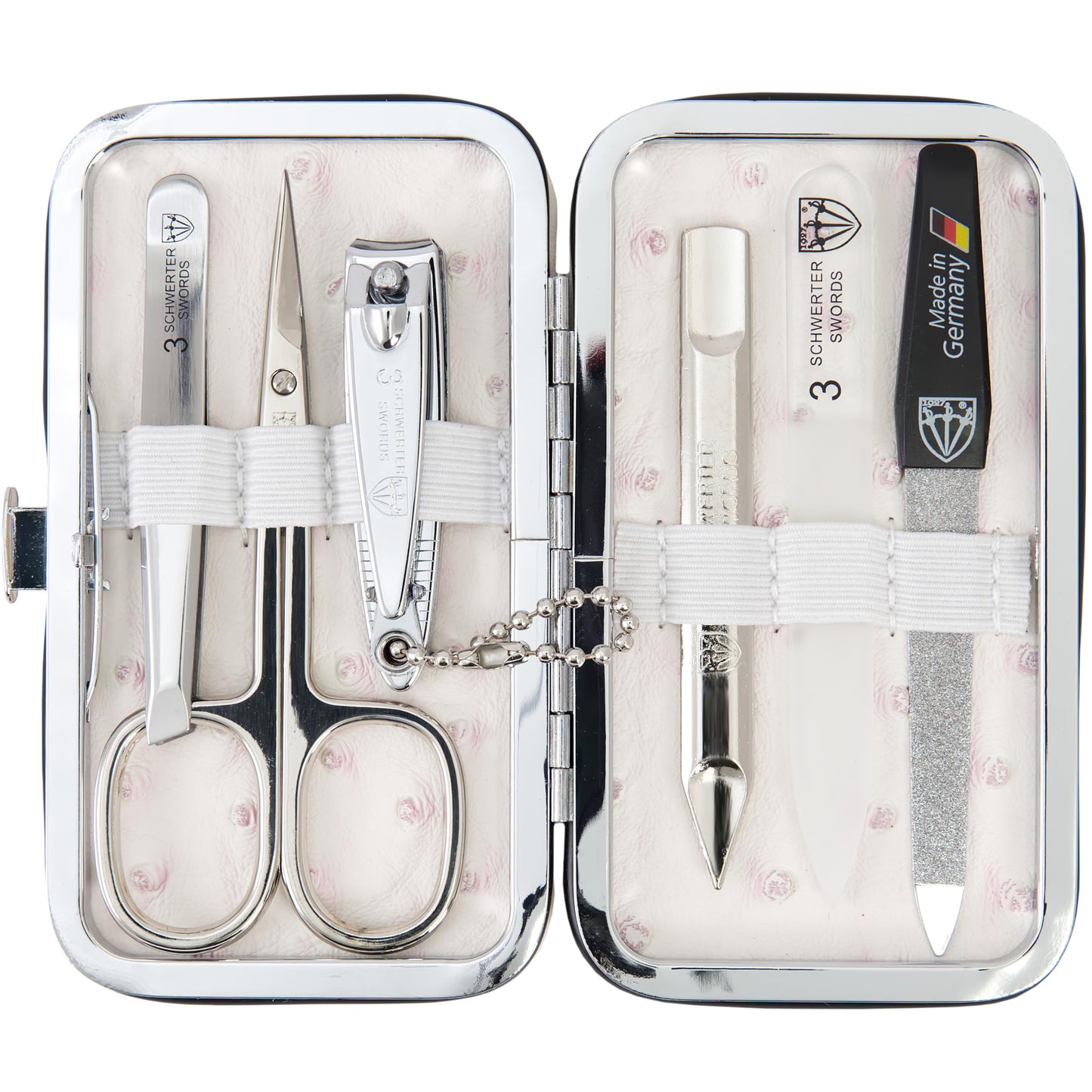 3 Swords Germany - Brand Quality 6 piece Manicure Pedicure Grooming kit Set - Scissors, Metal and Glass Nail File, Clipper, Tweezers with Synthetic Leather case - Ostrich