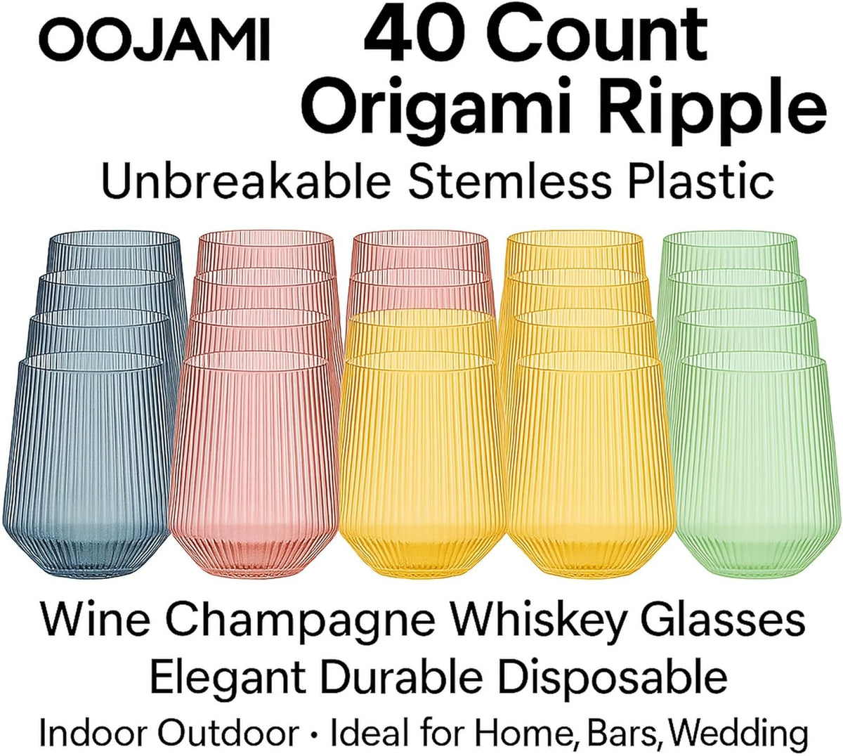 40 count Origami Ripple Unbreakable Stemless Plastic Wine Champagne Whiskey Glasses Elegant Durable Disposable Indoor Outdoor Ideal for Home, Bars, Wedding, Ribbed 12 Ounce Cups (Color Collection)