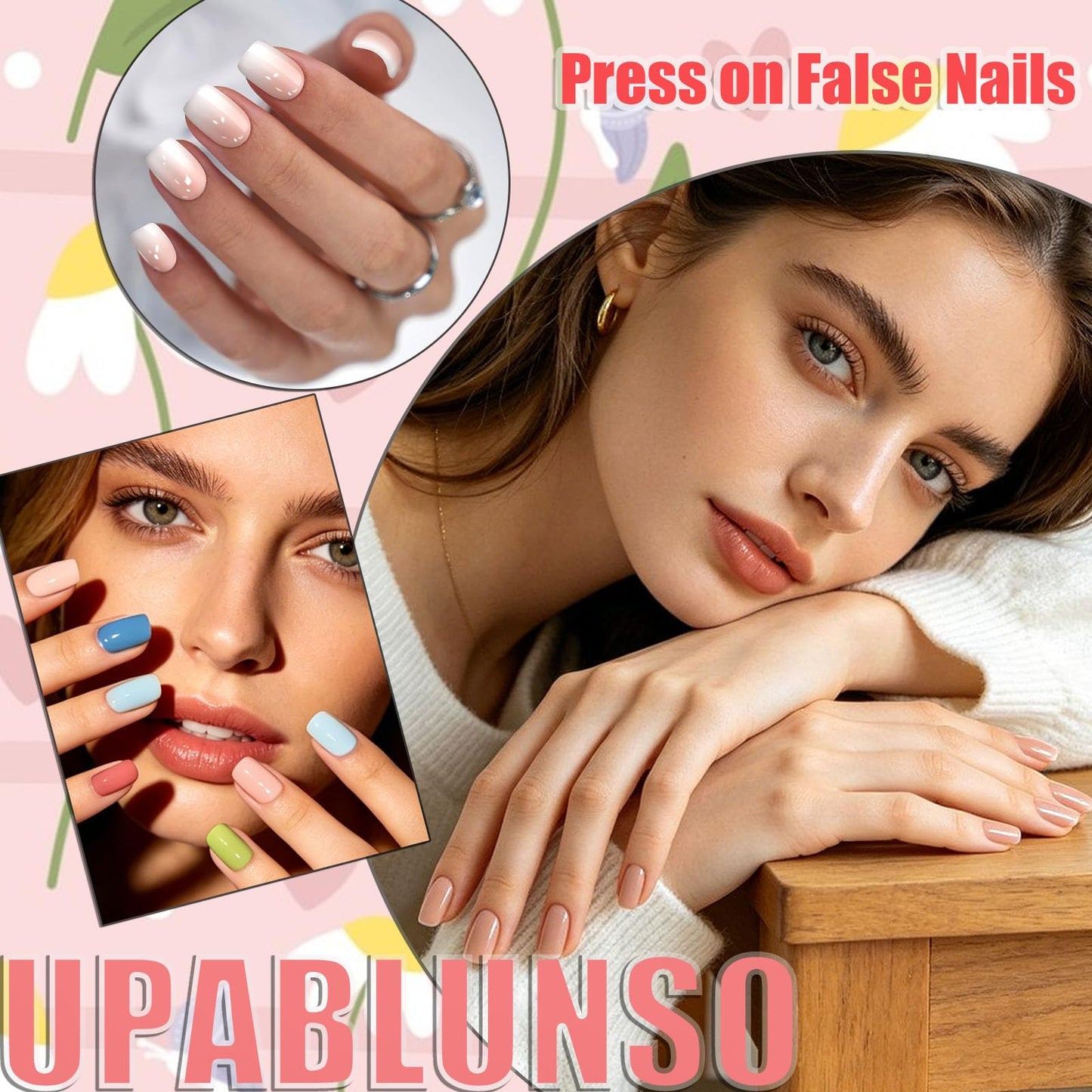 Spring Press on Nails Short Square False Nails Press ons Black Acrylic Glue on Nail with Colorful Flowers Design, Black Full Cover Set Artificial Cute Manicure Stickers for Women 24Pcs