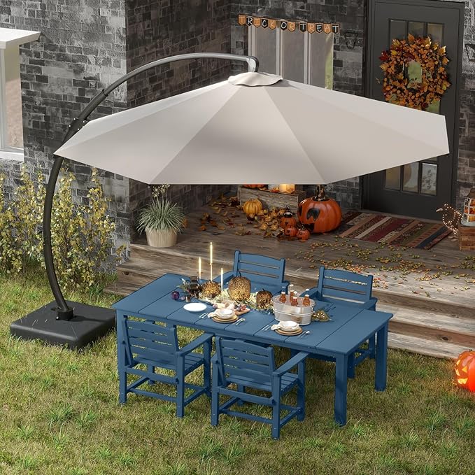 5-Piece Navy Blue Outdoor Dining Set with White 11FT Large Patio Umbrella, 75.2'' HDPE Table & Chairs for 8, Weather-Resistant Furniture with Umbrella Hole for Patio, Lawn, Poolside