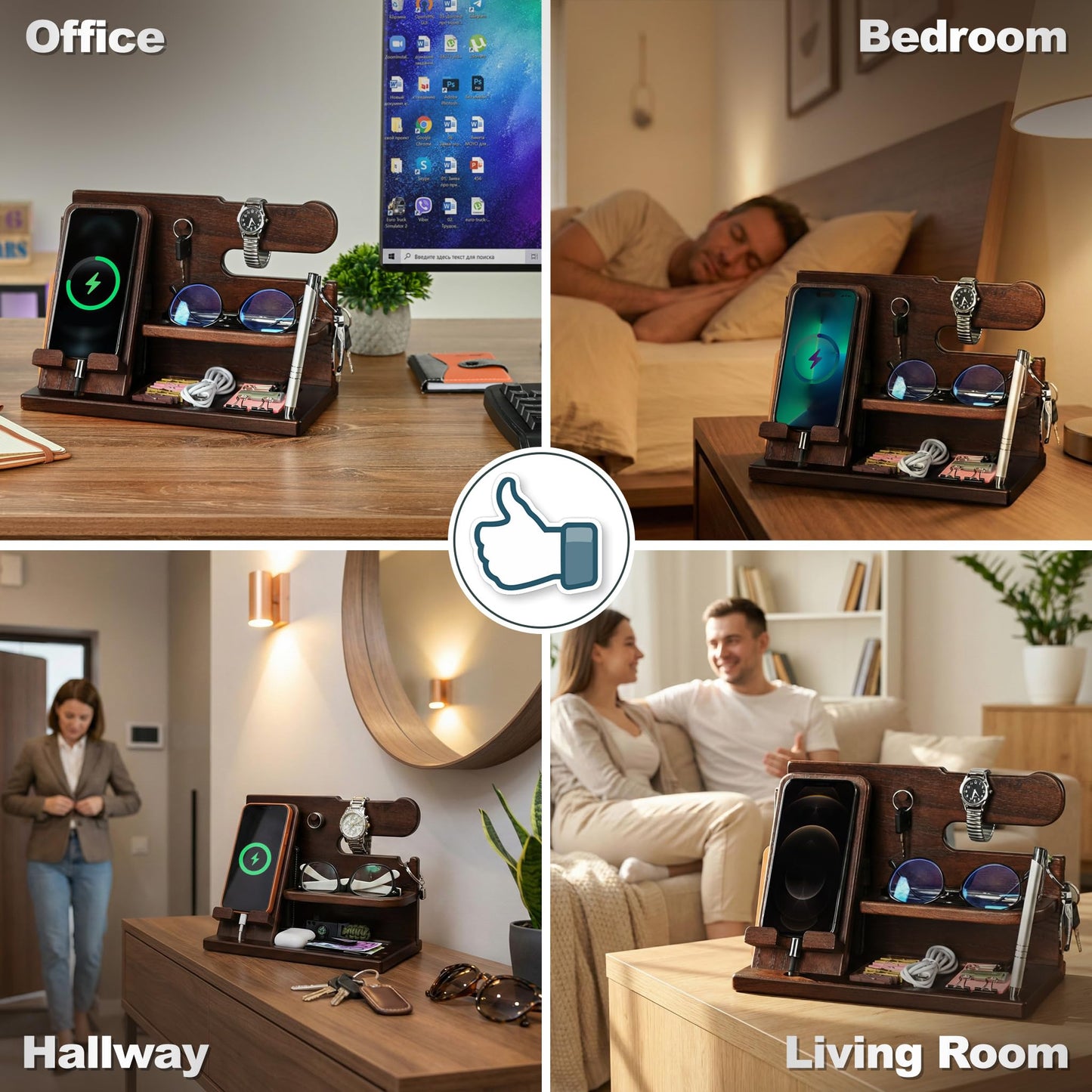 TESLYAR Wood Phone Docking Station for Men - Desk or Nightstand Organizer - Birthday Gifts for Husband, Dad - Anniversary Idea from Wife - Key Holder, Stand Wallet, Watch, Essentials (Chocolate Brown)