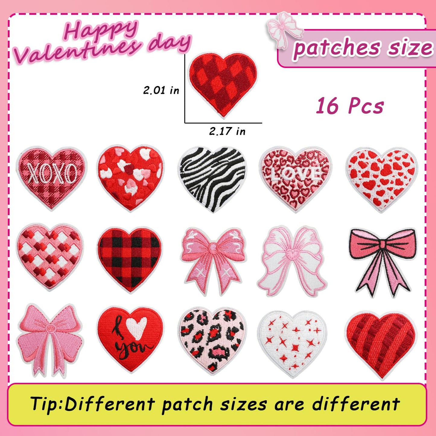 16 Pcs Valentines Iron on Patches Romantic Embroidered Sew Applique Repair Patch for Clothes, Backpacks, Red Love Heart Pink Bow Designs Iron on Patch