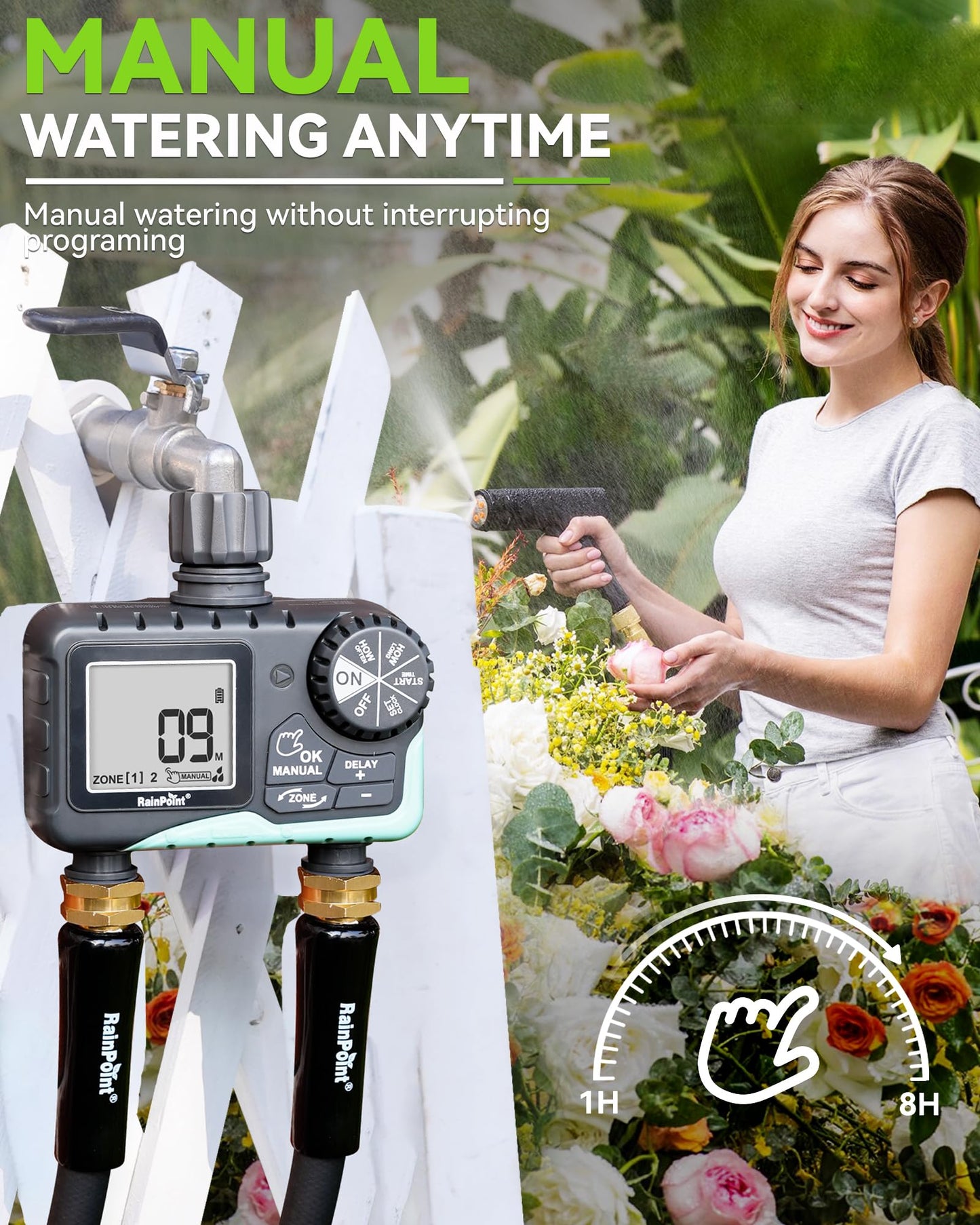 RAINPOINT Water Timer for Garden Hose - 2 Zone Sprinkler Timer with Rain Delay/Manual Watering/Automatic Irrigation for Yard Lawn