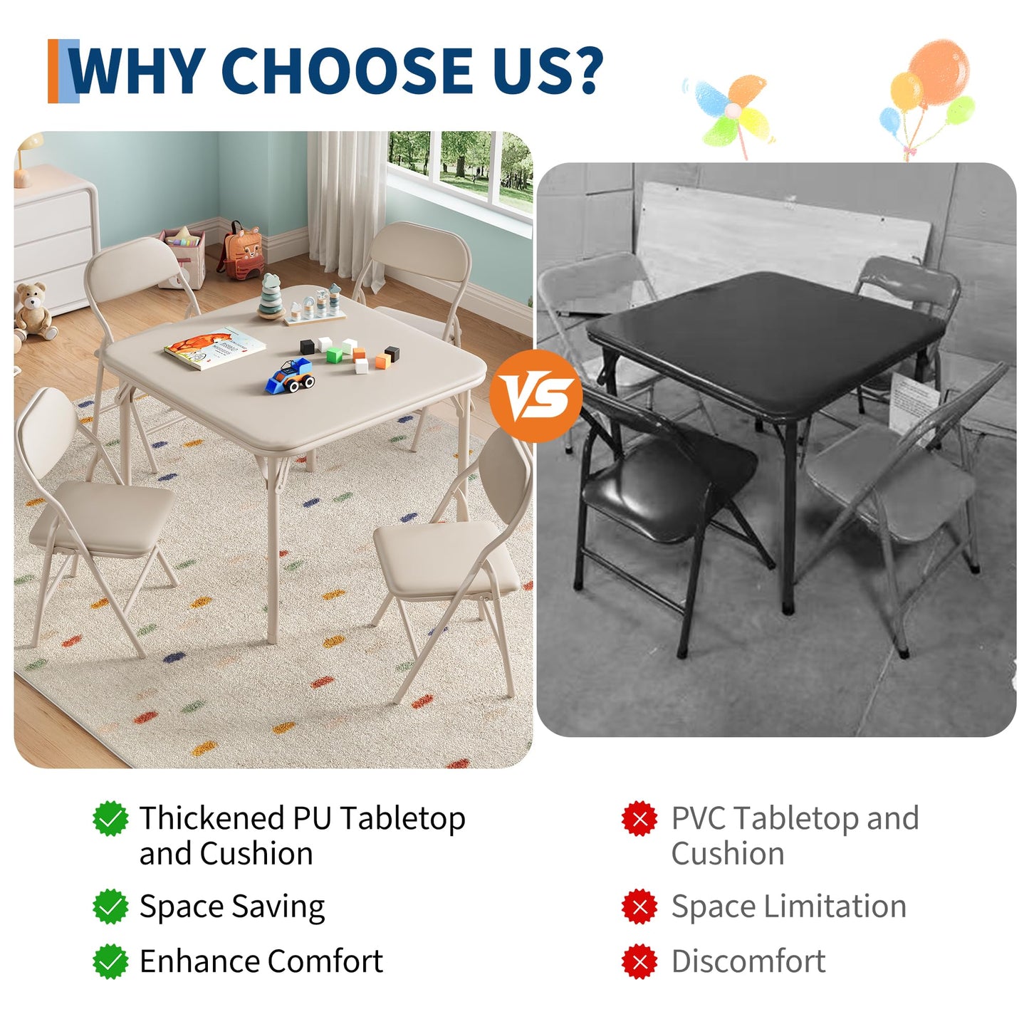 IDEALHOUSE 5 Piece Boys Girls Folding Table and Chairs Set, Activity Table and Chairs Set for Dining Room,Daycare,Classrooms
