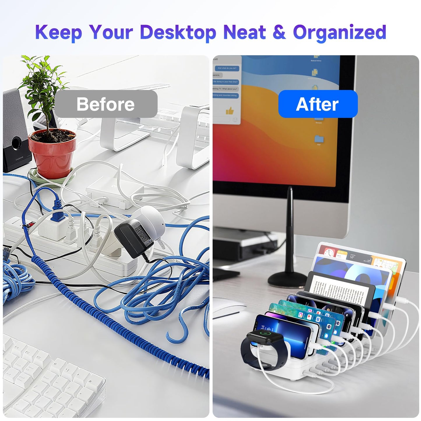 320W Charging Station for Multiple Devices, 10 Ports Fast Multi-Device Charger Organizer Compatible with MacBook Pro Laptop, iPhone, Android, Ipad, Tablet, Kindle, Family Multi-Device Charging Dock