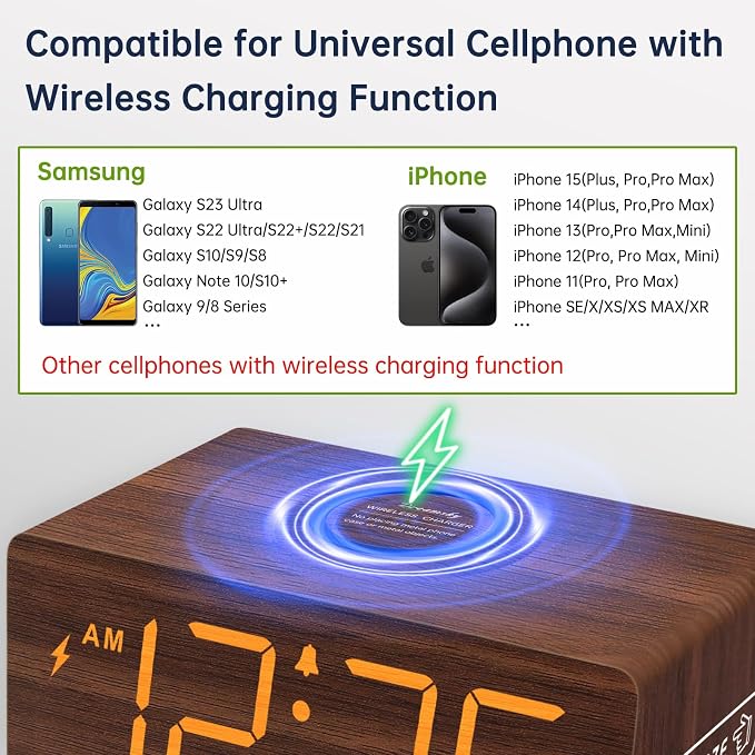 DreamSky Wooden Digital Alarm Clock with Wireless Charging for Bedroom