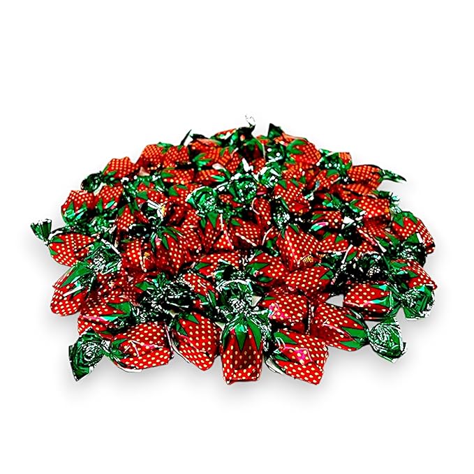 Gourmet Strawberry Hard Candy -Flavorful Gourmet Strawberry Bon Bons -1.5 lbs Authentic Straw berry Candy with Delicious Filling- Individually wrapped for Freshness-Approx 100 Pieces(24 oz)