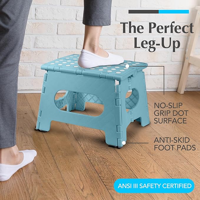 Handy Laundry Folding Lightweight Step Stool - Sturdy Enough to Support Adults and Safe Enough for Kids - Opens Easy with One Flip - Great for Kitchen, Bathroom or Bedroom (Teal - 9 Inch)