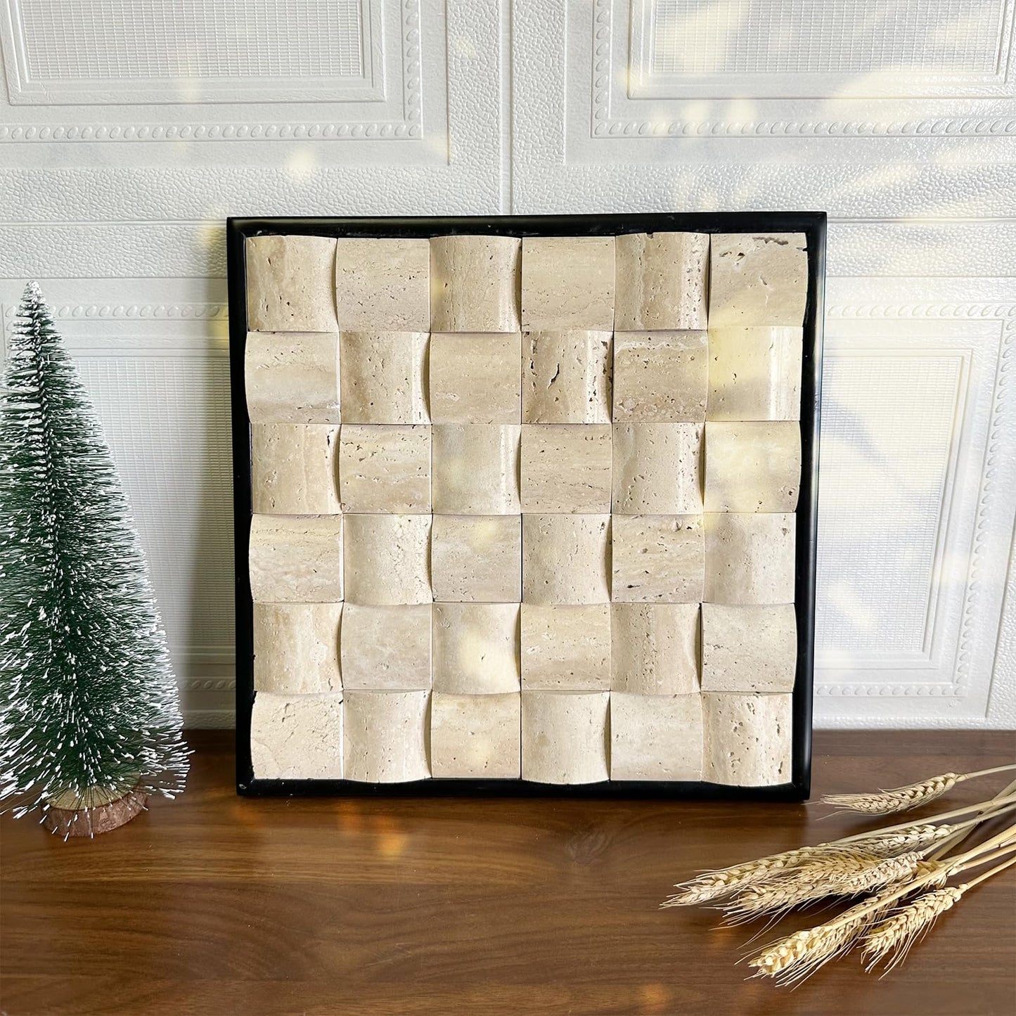 SIRIZEN-DIVING 3D Decorative Travertine Wall Art, Natural Stone Mosaic,Black Frame, Marble Decor, Marble Painting (Beige)