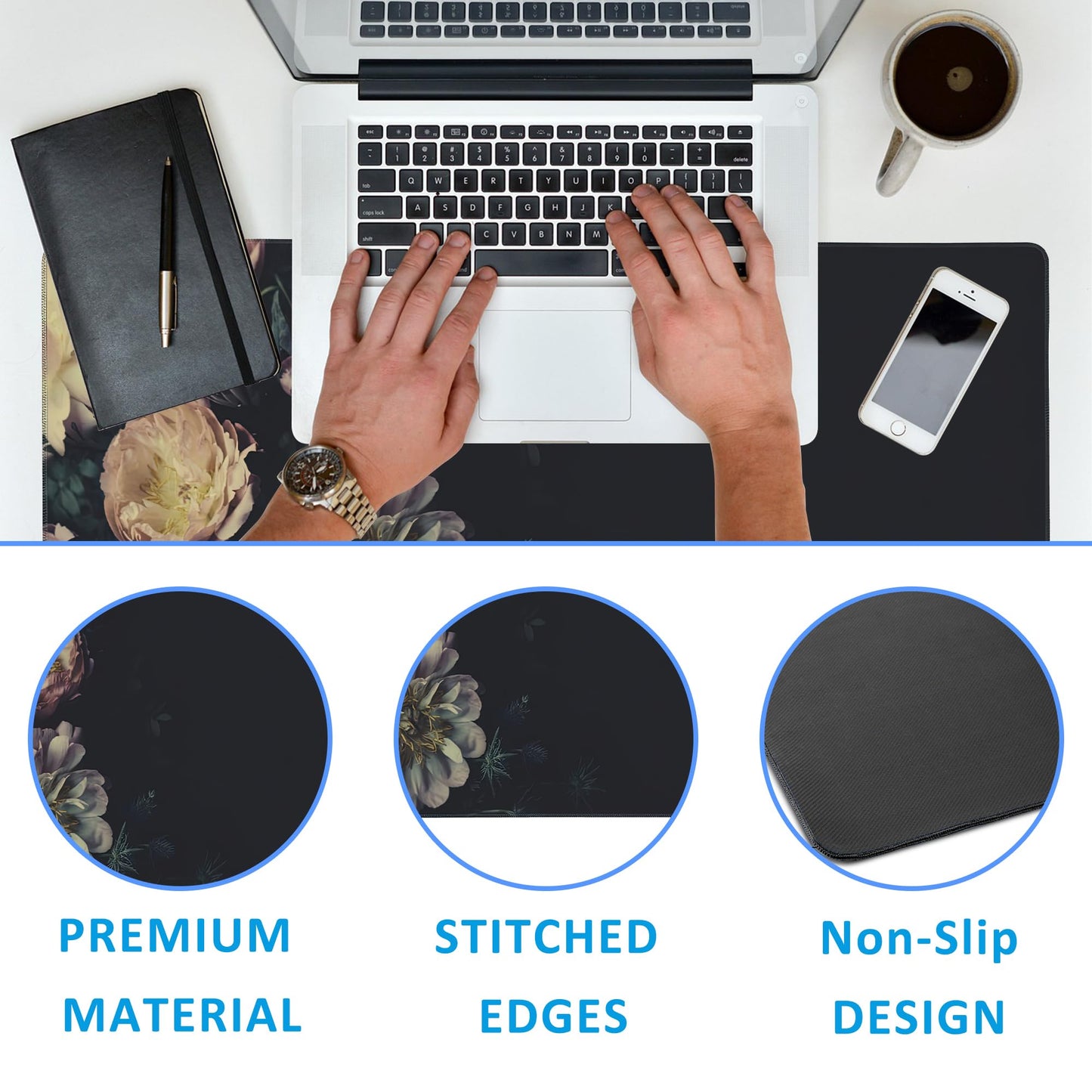 EOBKLAX Mouse Pad,Vintage Peonies Desk Mat for Desktop,Desk Pad with Non-Slip Base and Stitched Edge,Extended Mousepad for Office and Home 35.4X15.7 Inch