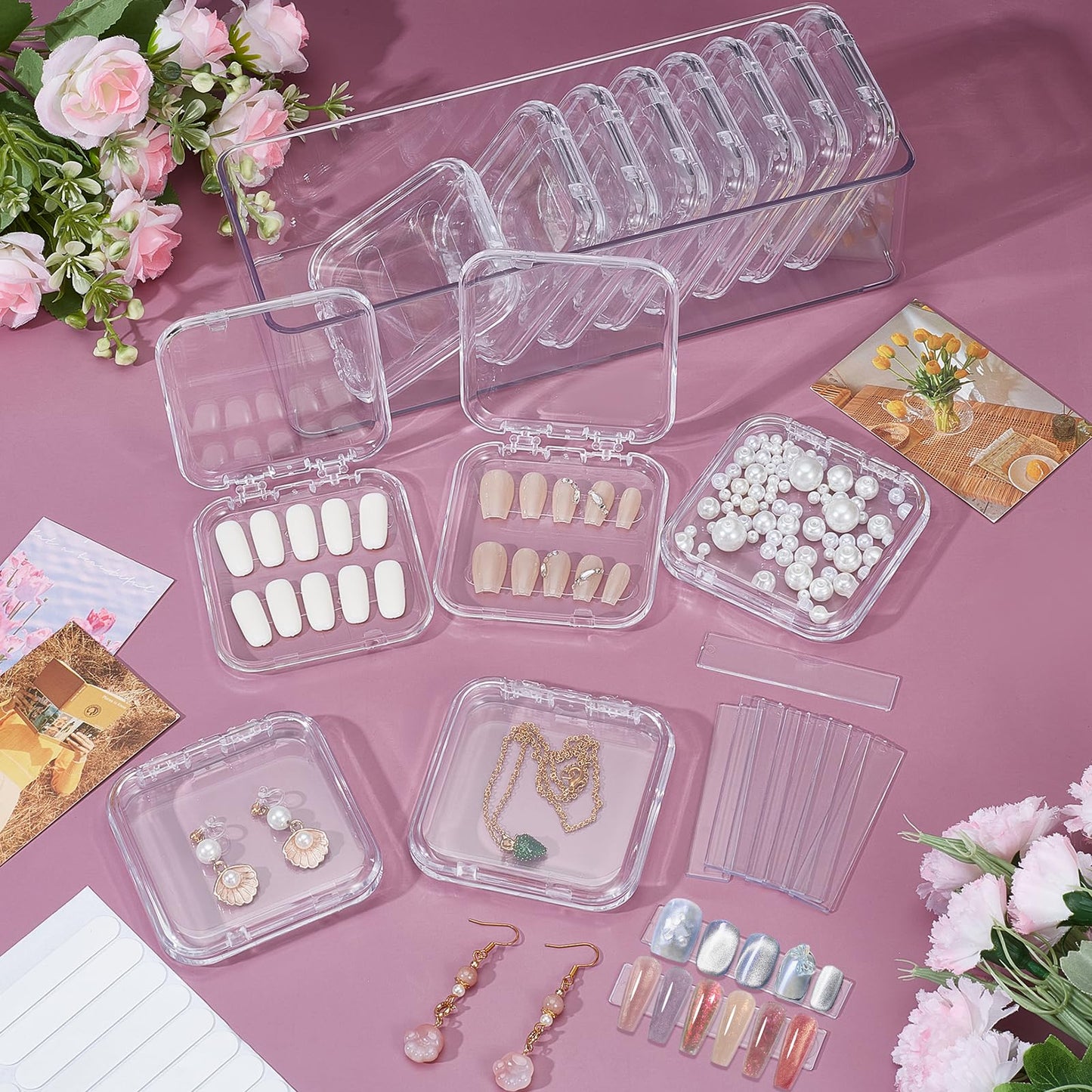 twinklemon 26PCS Press on Nail Storage Box with 2 Big Storage Boxes 60 Adhesive Double Sided Tape 100 Acrylic Nail Display Board Plastic Nail Display Box Fake Nail Case Clear Nail Packaging Boxes