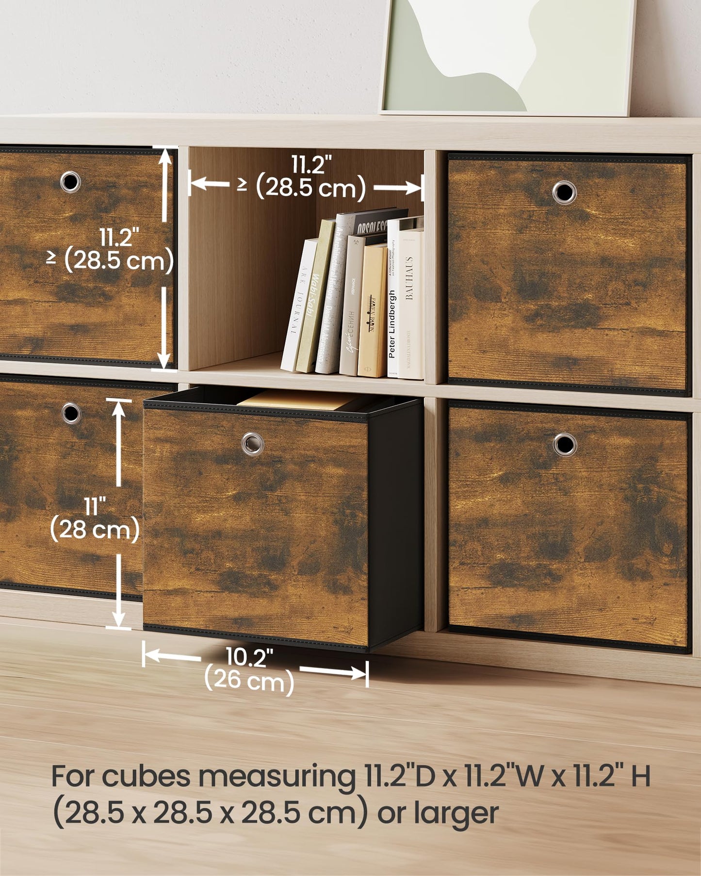 SONGMICS Storage Cubes, Set of 6 Storage Bins with Handles, Foldable Oxford Fabric and Non-Woven Fabric Storage Boxes, 10.2x10.2x11 Inches, Fit Cube Storage Unit, Rustic Brown URFB126B01