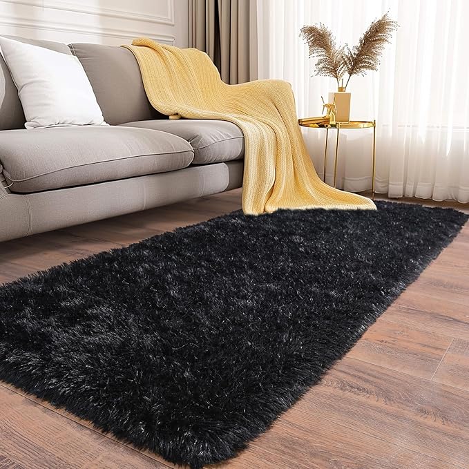 Fluffy Shag Runner Rugs for Bedroom Hallways, 2x8 Black Long Soft Throw Area Rug Non Slip for Bedside Dorm, Shaggy Furry Carpet for Nursery Living Room Home Decor