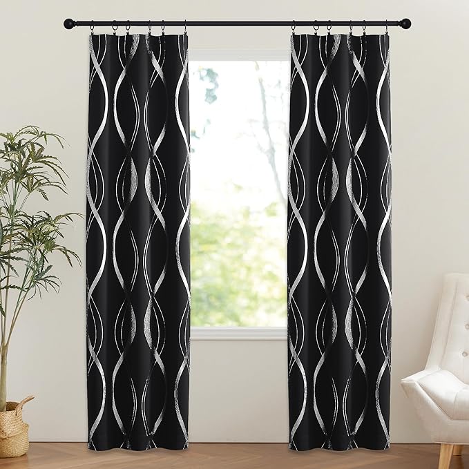 NICETOWN Thermal Insulated Door Blackout Curtains for Bedroom, French Door Curtain with Silver Print Foil Wave Striped Pattern for Narrow Glass, 25 x 72 inches Long, 1 Panel, Black