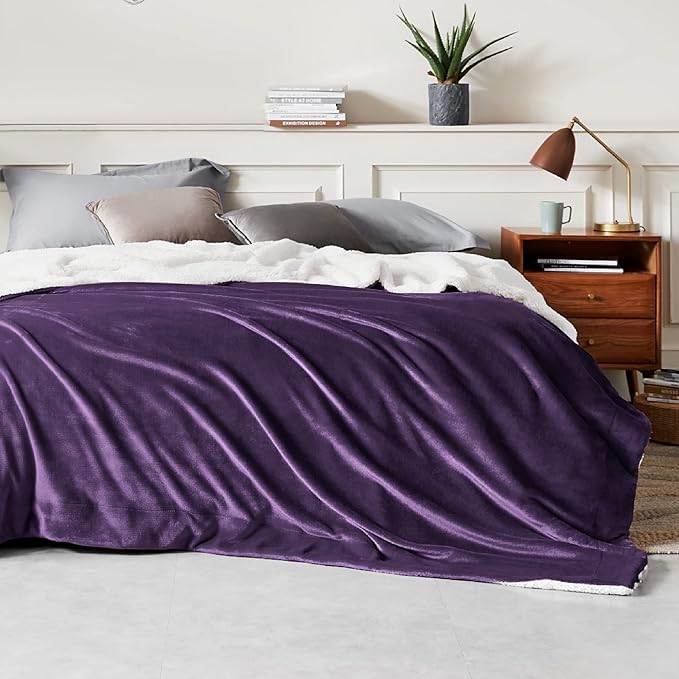 Bedsure Sherpa Fleece Blankets Queen Size for Bed - Thick and Warm, Soft Fuzzy Plush Queen Blanket for Winter, Purple, 90x90 Inches