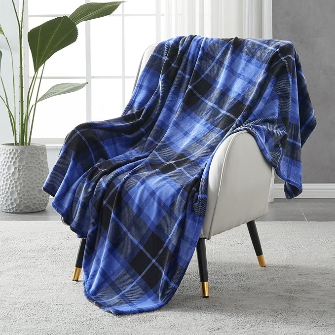 SOCHOW Flannel Fleece Throw Blanket 60 x 80 Inches, All Season Plaid Blue Blanket for Bed, Couch, Car