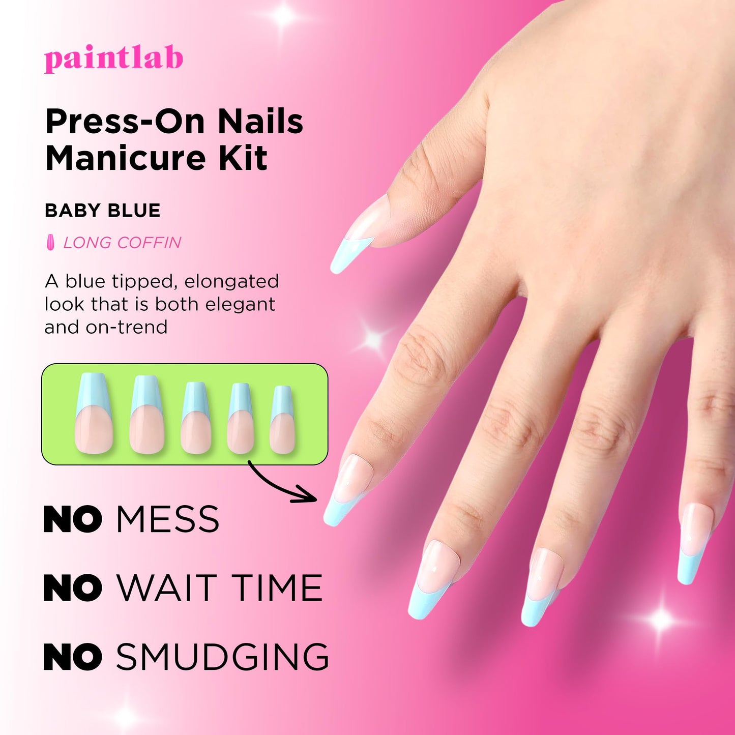 PaintLab Press-On Nails Manicure Kit, Baby Blue - Coffin, 30-Piece Set, Long-Lasting Fake Nails with Glue, File, Prep Pad & Cuticle Stick
