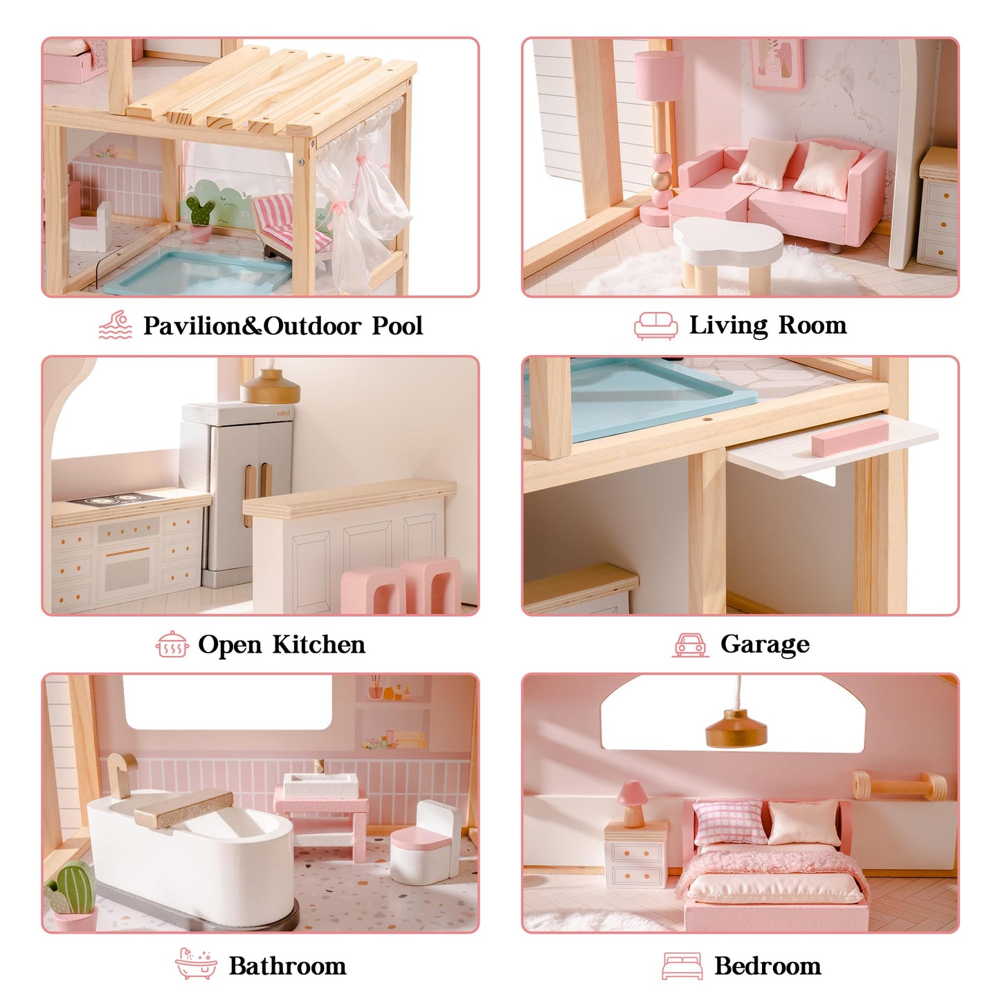 ROBUD Doll House, Wooden Dollhouse with 6 Rooms, 29-pcs Furniture Set, Working Elevator, Garage, Swimming Pool, Ideal Gift for Kids Ages 3+ (Pink)