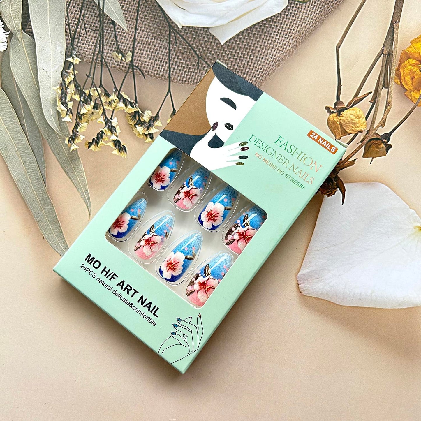 TBRZTR Flower Press on Nails Medium Almond Shaped Pink Floral Pattern Design Spring Summer Fake Nail Full Cover Glossy Acrylic Artificial Fingernails Reusable Blue Glue on Nails for Women 24Pcs