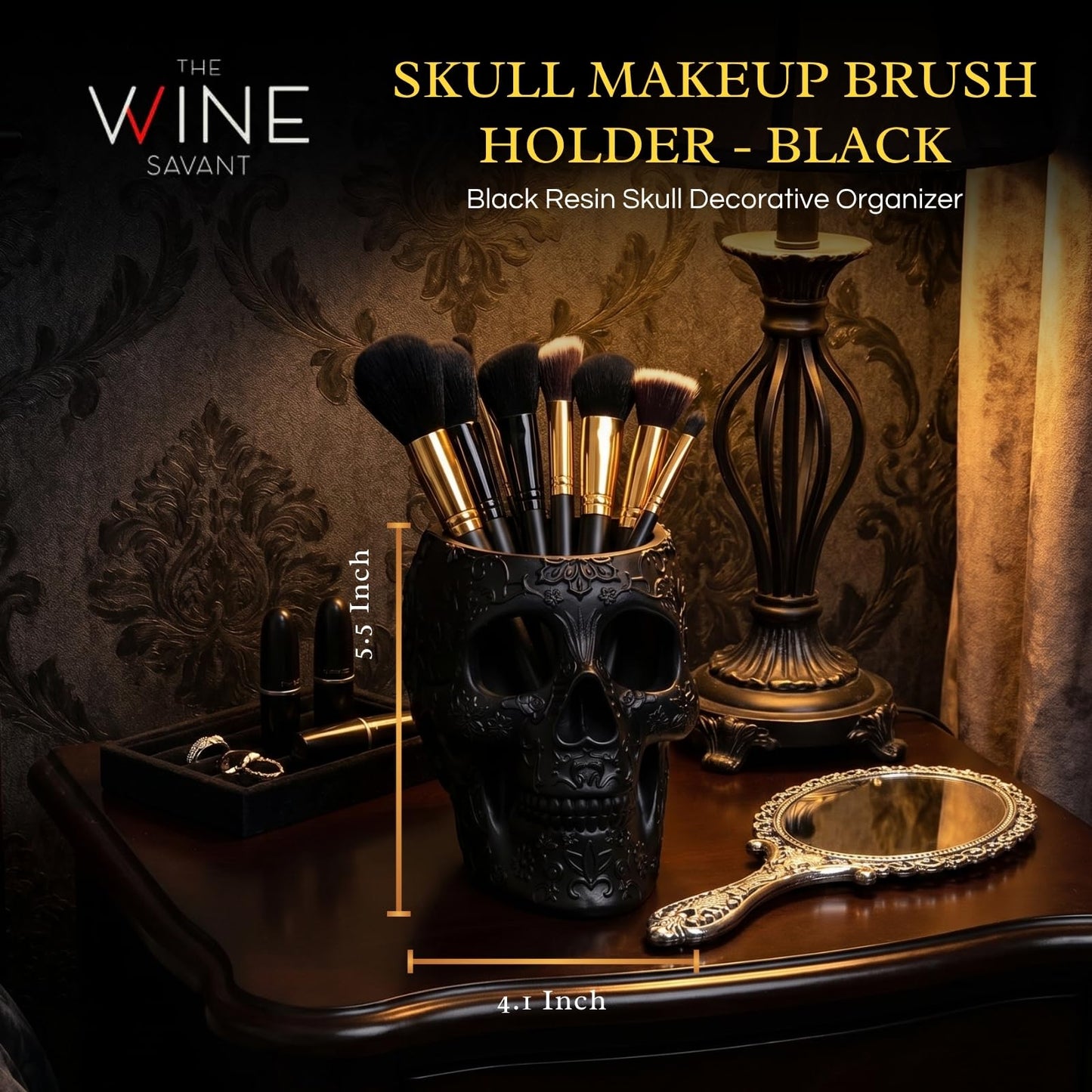 Skull Makeup Brush Holder, Pen Holder, Vanity, Desk, Office Organizer, Stationary, Decor Planter , Candy Bowl , Goth Decorations , Extra Large, Skulls Gothic Skull & Bones Organizer Bathroom (Black)