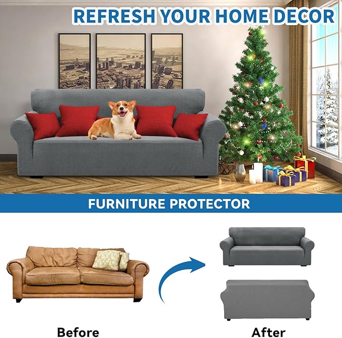 XINEAGE 2026 New 1 Piece Couch Covers for 2 Cushion (55"-69") Stretch Loveseat Sofa Cover Slipcover Jacquard Universal Furniture Protector with Elastic Bottom for Kids,Dog (Loveseat, Light Gray)