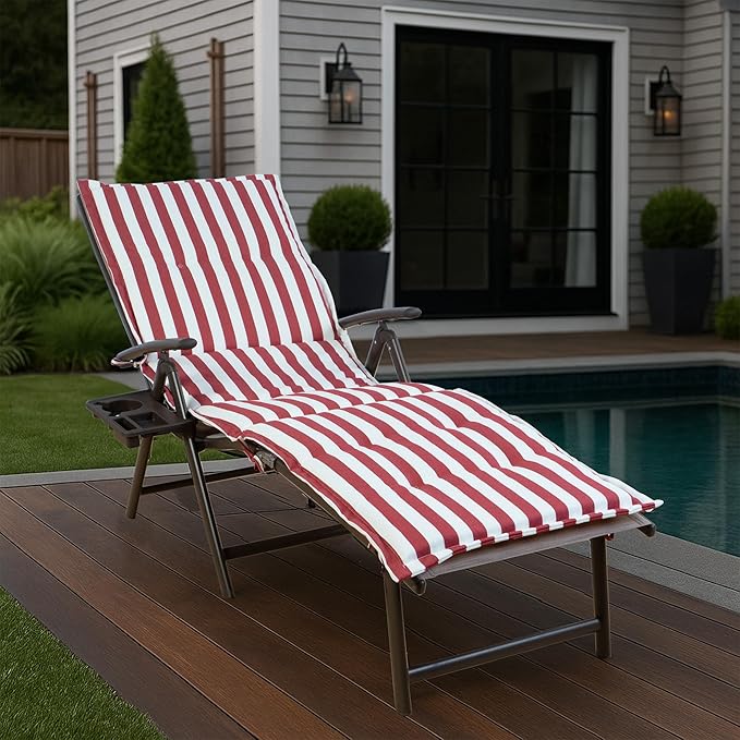 Kozyard Cozy Aluminum Reclining Lounge Chair - Perfect for Beach, Yard, Pool, Deck, Patio Outdoor Chaise Lounge with Drink Holder, Weather Free, Adjustable Assemble Free Red Strip