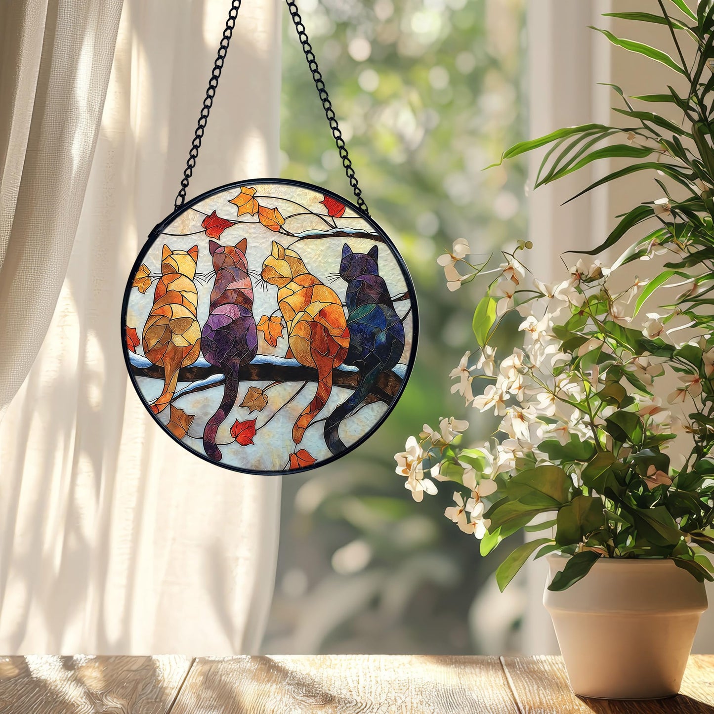 XFCICRLJ Cat Gifts Fall Winter Suncatcher Stained Glass Window Hanging, Rustic Autumn Black Cat Sun Catchers Indoor Window Glass Wall Art Decor, Fall Wall Hanging Decor Decorations, 7.9x7.9 Inch