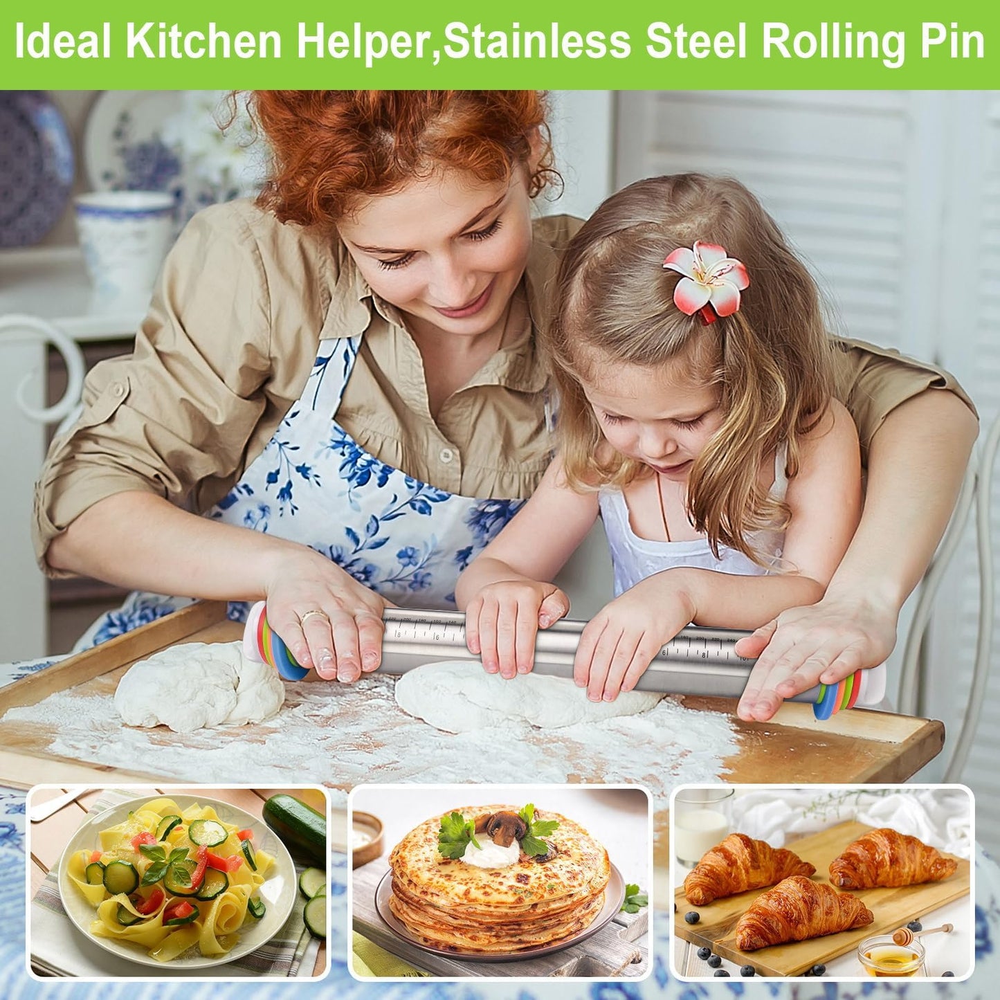 Rolling Pin with Thickness Rings and Silicone Baking Mat, Adjustable Stainless Steel Rolling Pins for Pasta or Sugar Decorating Cookies, Bread Making Tools Fondant Roller for Dough, Dumpling, Ravioli