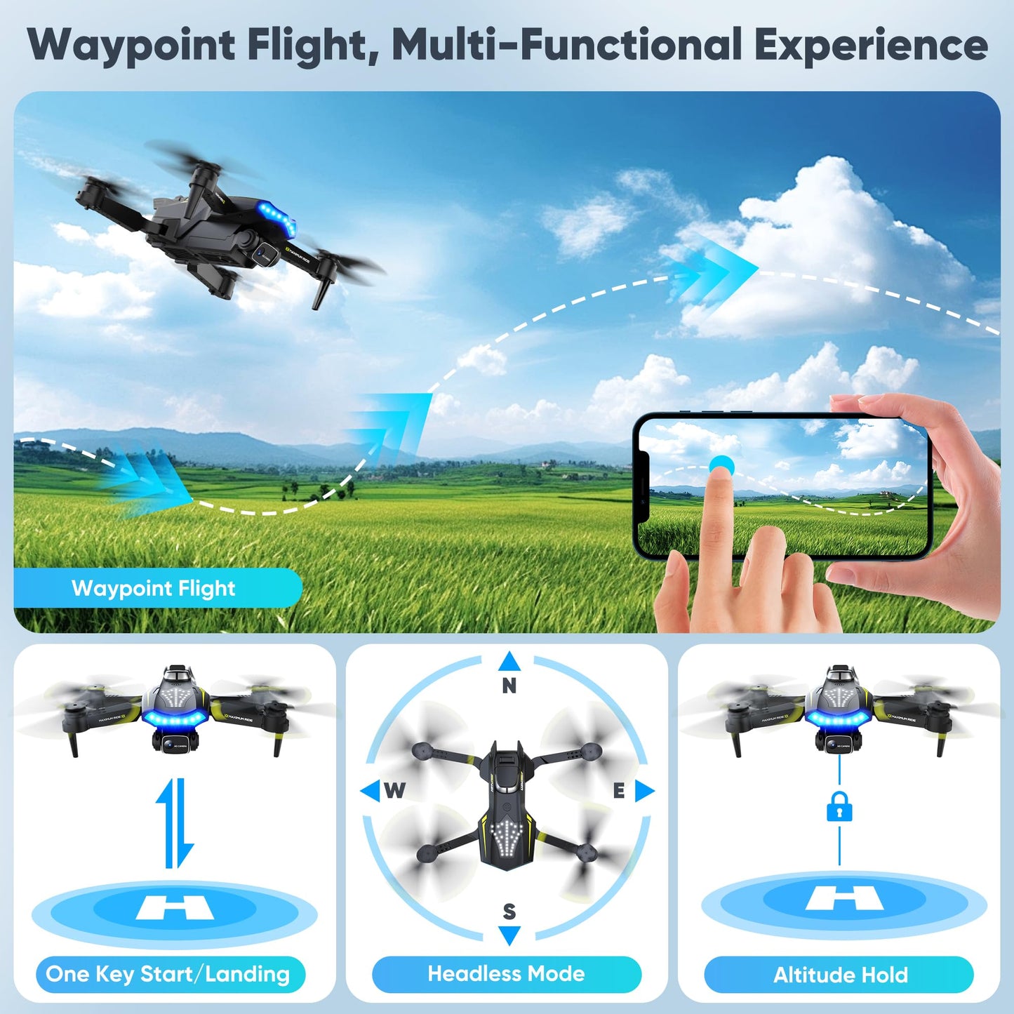 Flymevac Drone with Camera, Dual 720HD, Drone for Kids with Cool Lights, Gestures Control, Vertical Shooting, Waypoint Flight, Gravity Control, 3D Flip, 3-Speeds, Drones for Adults, Beginners, Kids