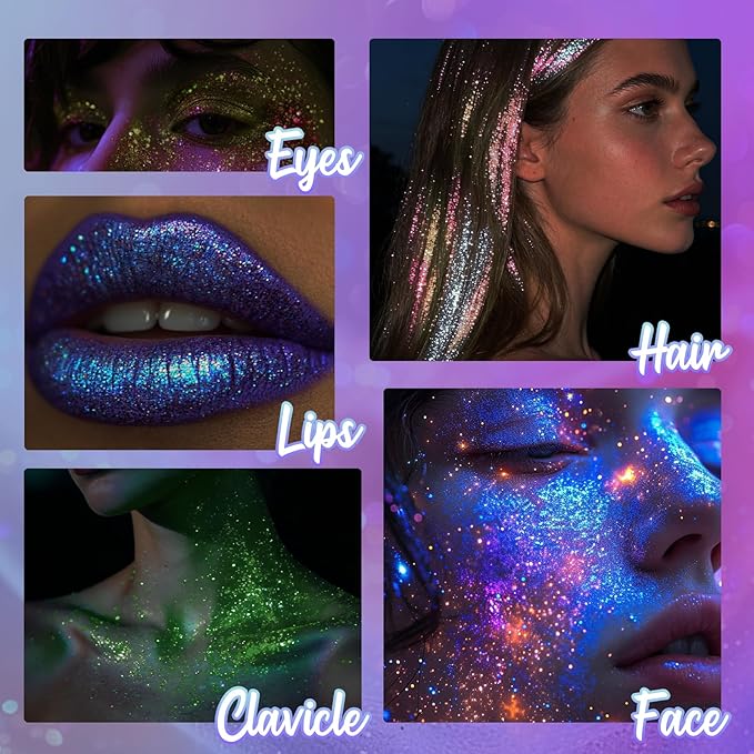 CAHOTO Purple Rolling Glitter for Face Body & Hair, Sparkling Holographic Chunky Shimmer, Roll-on Sequins for Singer Concert Rave Festival Halloween Party Mardi Gras Carnival, 1.35fl.oz