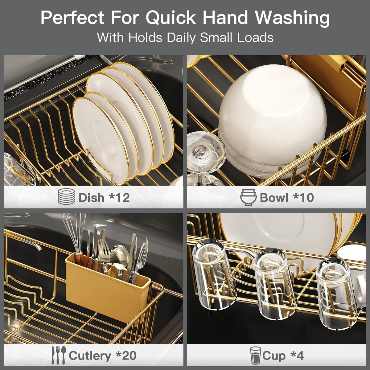 Gold Dish Drying Rack Over Sink with Utensil Holder