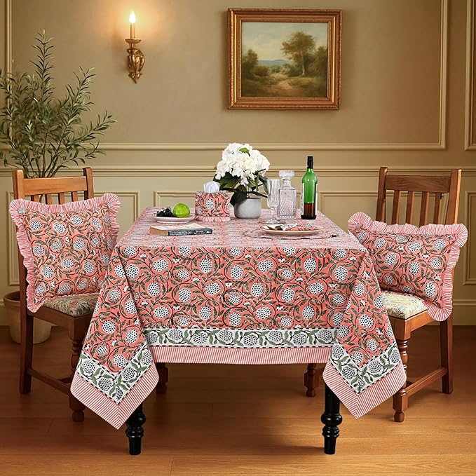 Ridhi Hand Block Print Dark Salmon Pink Rectangle Cotton Tablecloth 118" x 70" Reusable Table Cover Decorative Everyday Use for Dining, Farmhouse, Home Gift for Spring, Easter, Valentine