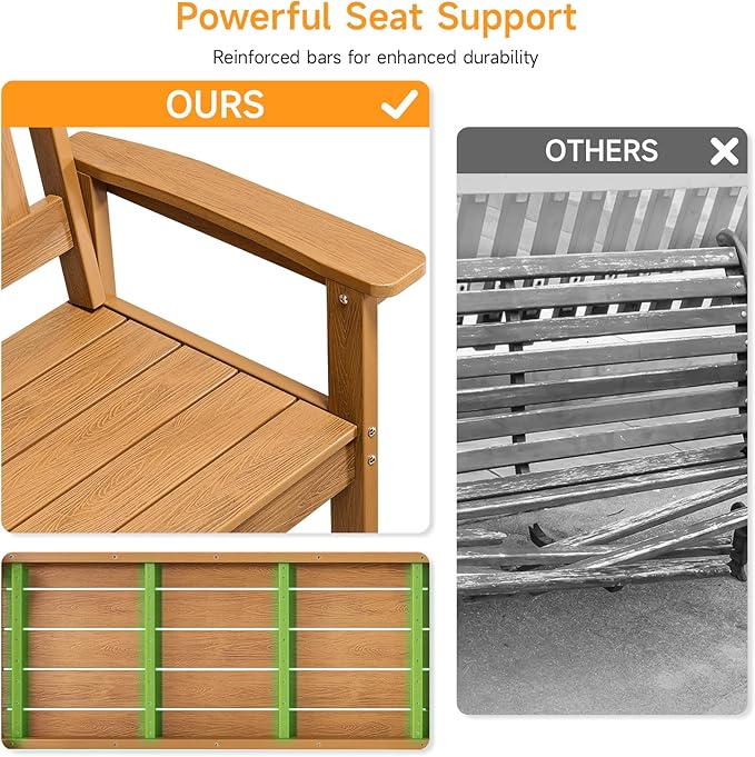 ONBRILL Outdoor Bench, 2-Person Poly Lumber Garden Bench with 800 lbs Weight Capacity, All-Weather Patio Bench with Armrests and Backrest for Garden, Porch, Backyard and Park, Teak