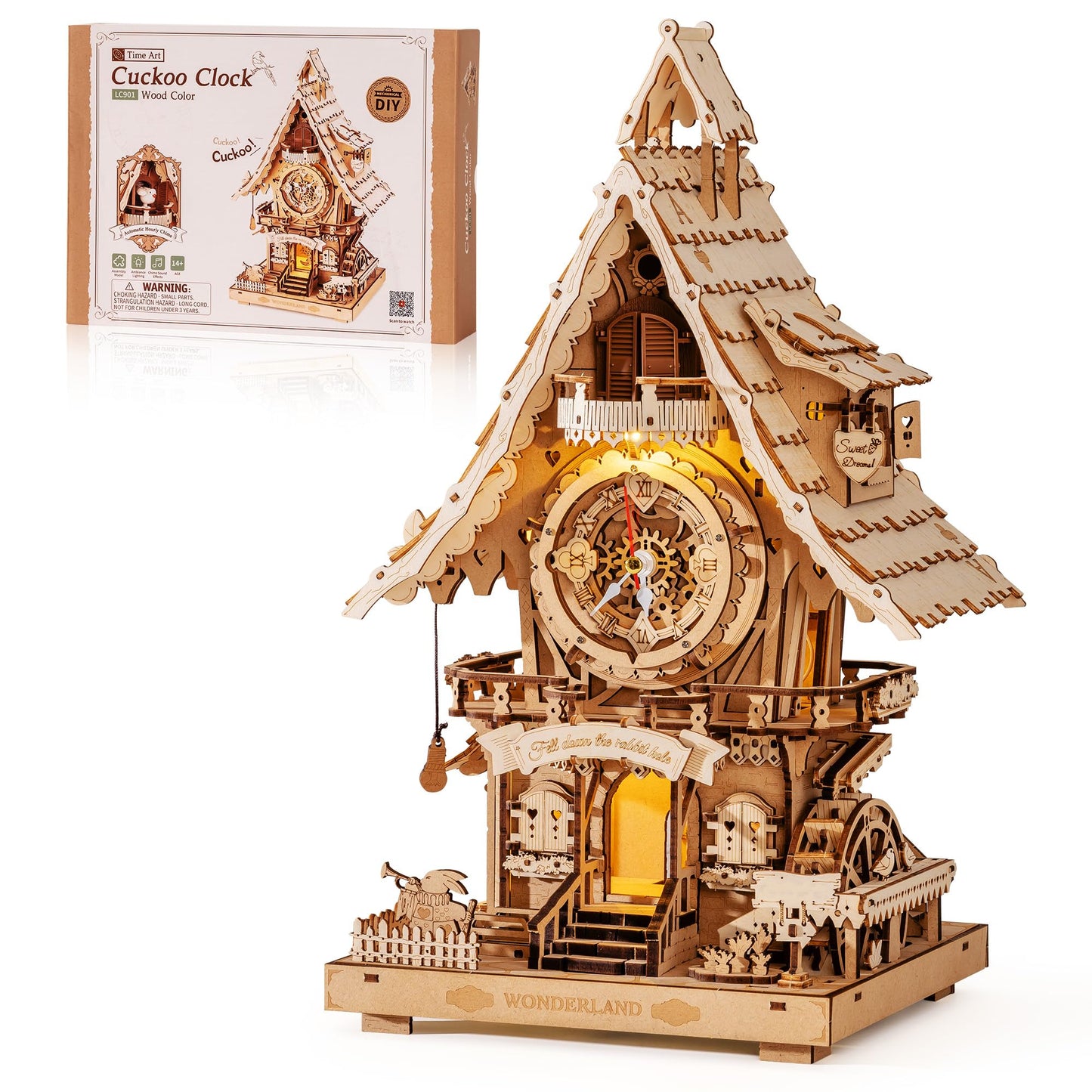 ROBOTIME 3D Wooden Puzzles for Adults-Cuckoo Clock Wooden Models for Adults to Build-435 Piece Model Kit with 2 Lights-Gift for Craft Enthusiast Model Building Set (Natural)