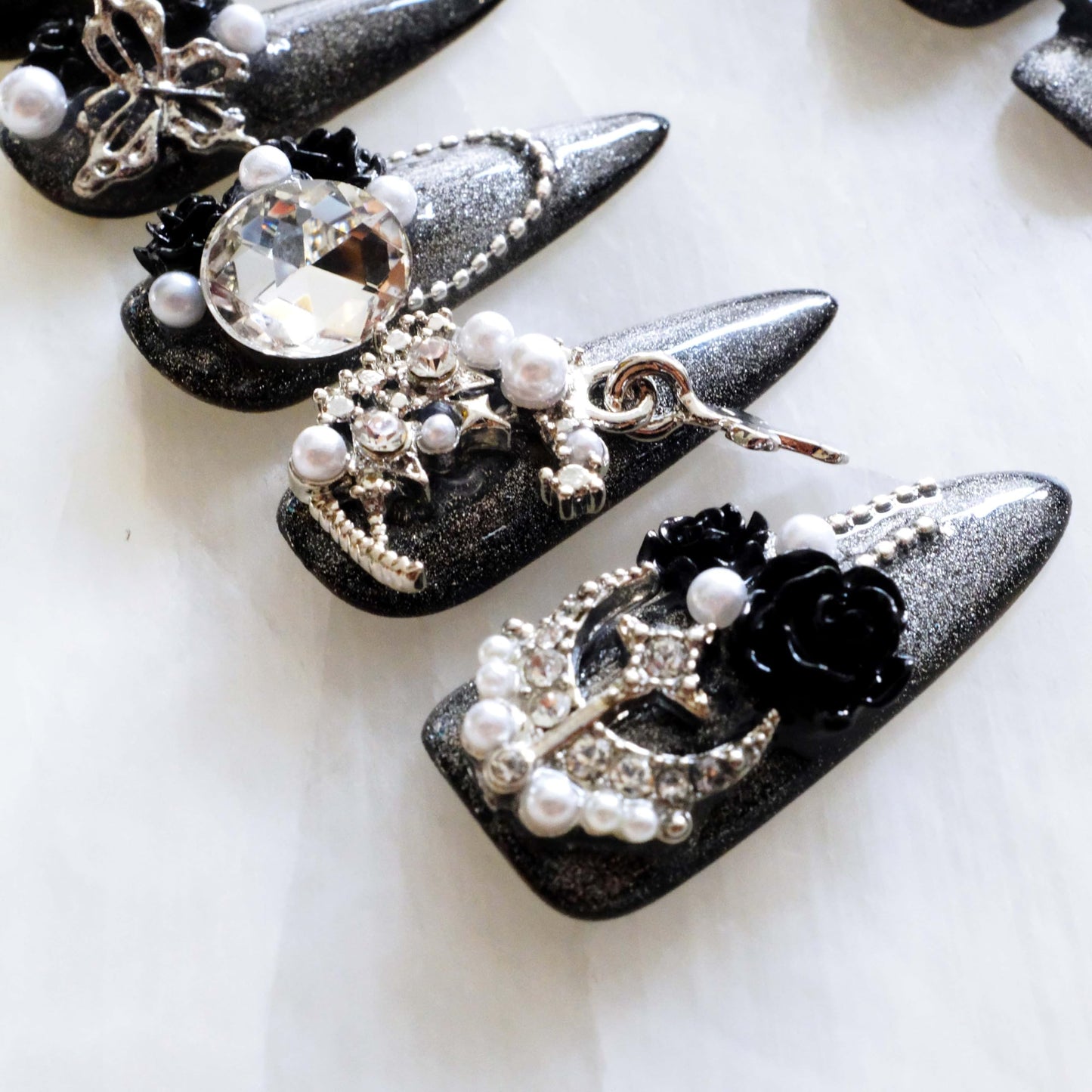 GLORS Luxury Long Stiletto Press-On Nails, 3D Black Roses with Silver Glitter, Pearl and Rhinestone Decorations, Handmade False Nail 10 Pieces (Medium, LS)