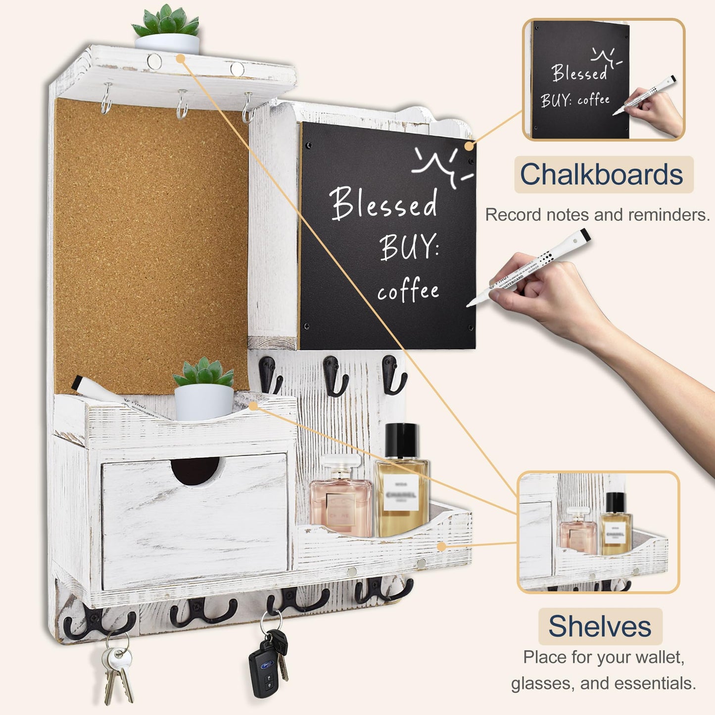 HEKOOLA Key Holder Wall Mount， Mail Organizer Key Holder for Wall with Shelf, Drawer, Chalkboard, Corkboard, Home Decor Wall Mounted for Room Entryway(Whitewashed)
