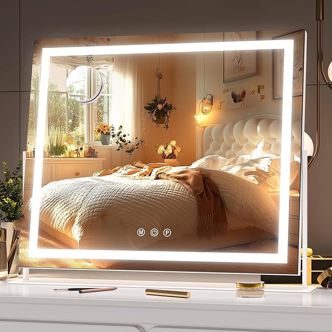 Hasipu Vanity Mirror with Lights, 16.9" x 13.4" LED Makeup Mirror, Light up Mirror with 10X Magnification, Smart Touch 3 Colors Dimmable, 360° Rotation (White)