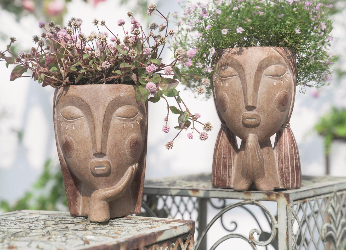 Saysmile Head Planters for Indoor Plants, Face Flower Pot Head Planter Succulent Planters Unique Face Planter with Drainage Hole - Rustic Thinking Girl Closed Eyes
