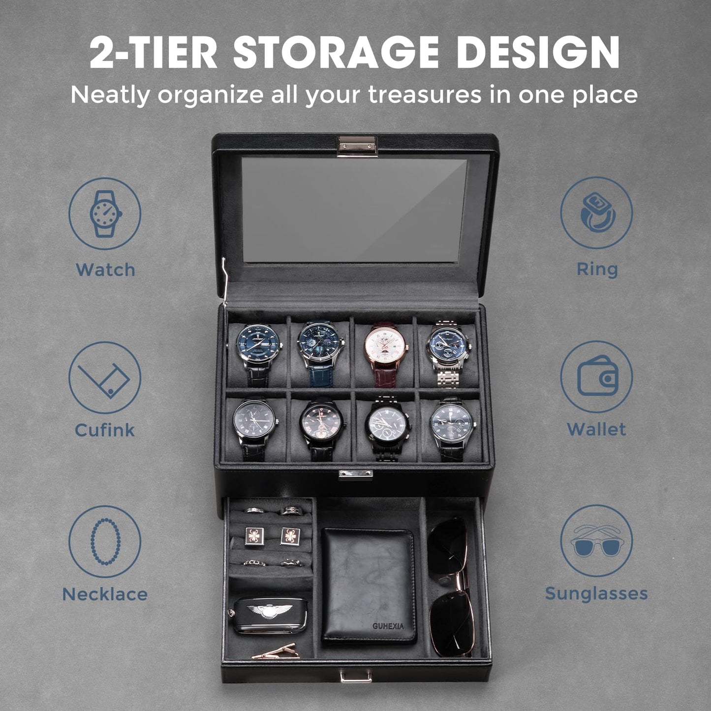 ProCase Watch Box for Men, Jewelry Organizer Box with Drawer, Display Storage Case with Glass Lid -Black, 8 Slot