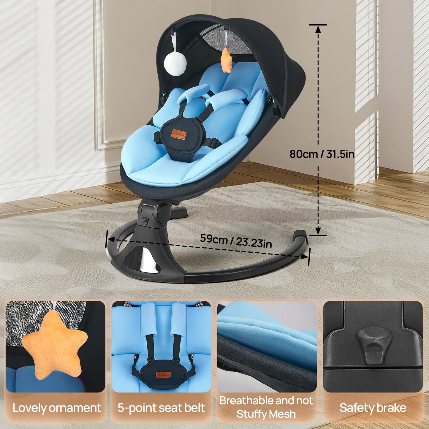 Baby Swing for Infants, Bluetooth Electric Infant Swing with 5 Speed Motions, 12 Soothing Melodies & Remote Control, Portable for Newborns 0-9 Months (Max 20 lbs, Blue)
