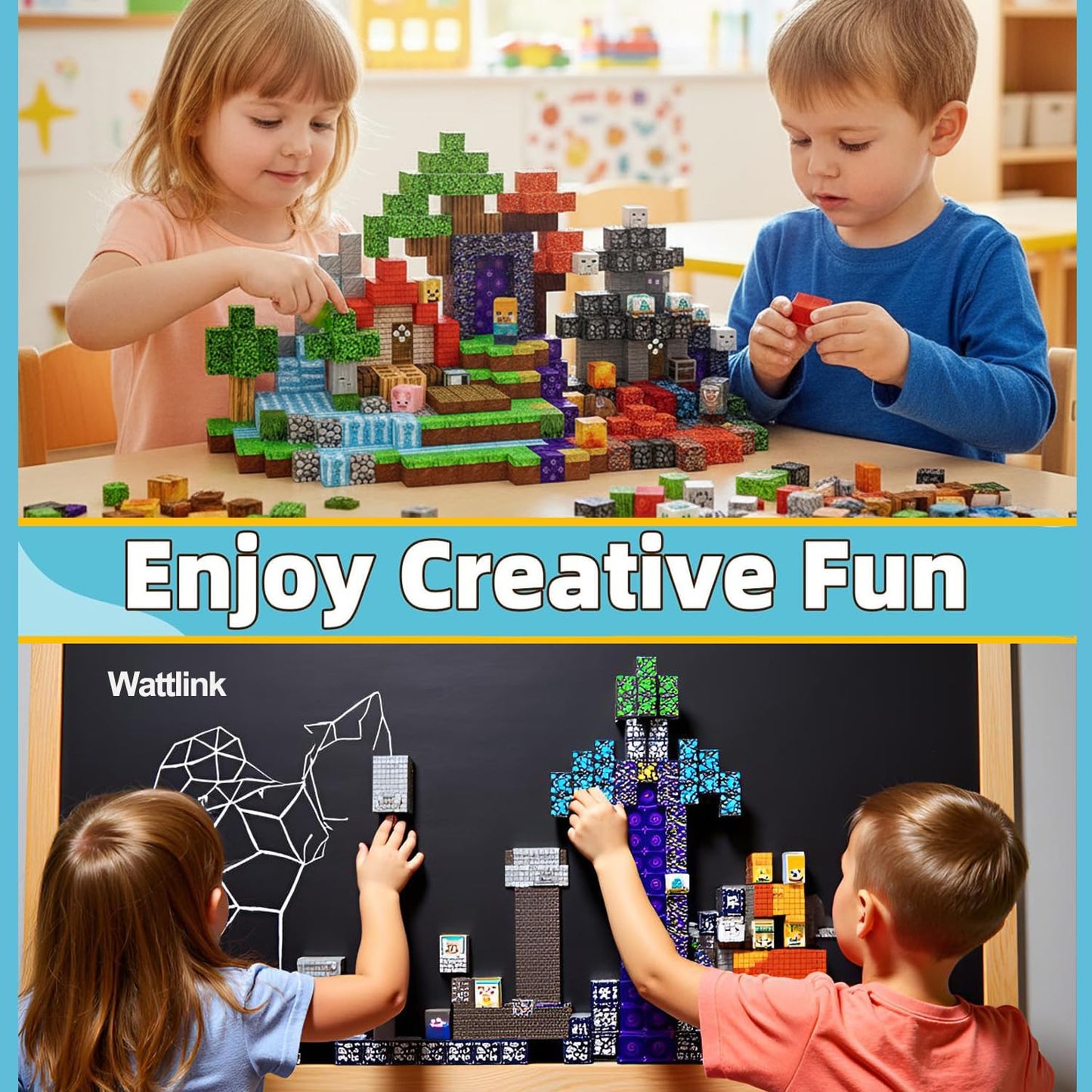 Wattlink Magnetic Building Blocks Set, 200 Pieces Pixel Style Construction Toys with Character Blocks, 0.8 Inch Cubes for Ages 3+, Non-Toxic Educational STEM Toys