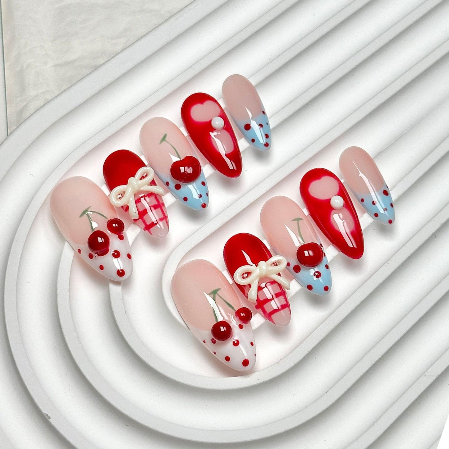 Medium Press on Nails Almond - Handmade Fake Nails with 3D Bow Cherry Design - Red Full Cover Glue on False Nails for Women - (Size M)