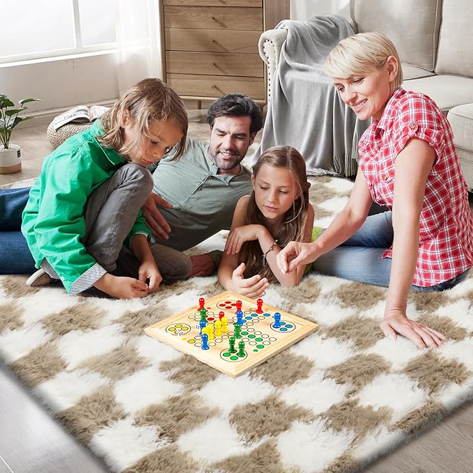 4x6 Checkered Area Rugs for Bedroom, Fluffy Beige and White Checkered Rug Fuzzy Shag Shaggy Carpets for Living Room, Soft Plush Furry Rug for Boy Girls Room Dorm Home Decor