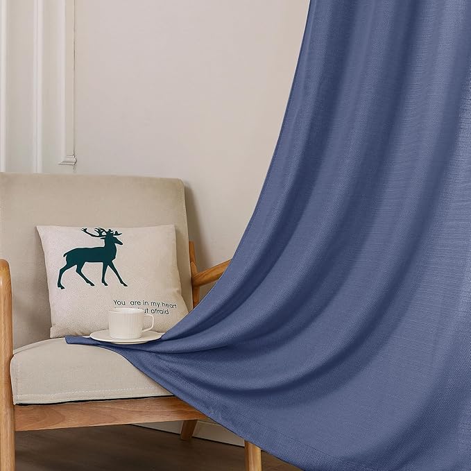 Chyhomenyc Blue Curtains 90 Inch Length 2 Panels Set, Faux Linen Textured Semi Sheer Light Filtering Soft Airy Privacy Farmhouse Curtain Drapes for Living Room Bedroom, 40 Wx90 L Inches