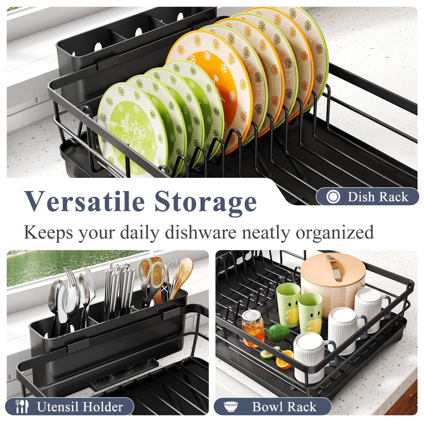 Dish Drying Rack - Rust Resistant Dish Drainer for Kitchen Counter with Drainboard & Rotating Spout, Large-Capacity Dish Rack with Removable Utensil Holder, Space-saving kitchen organizer, Black